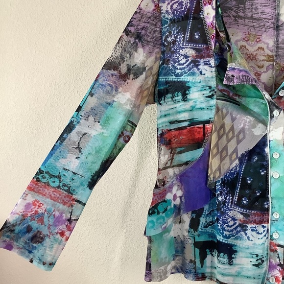 Y2K Sheer Mesh Top Colorful Graffiti Print Grunge Streetwear Artsy Unique L - Picture 3 of 10